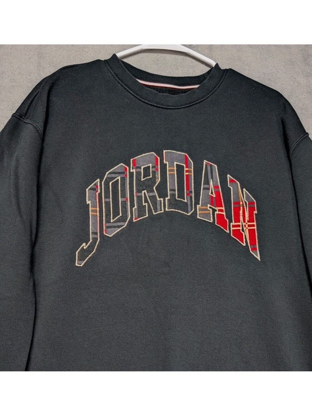 Jordan Mens Large Black Plaid Logo Crewneck Sweatshirt Jumpman Fleece Streetwear